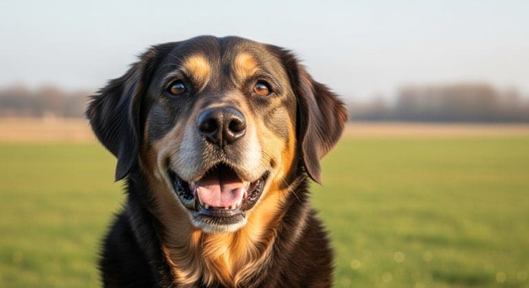 Senior hond met gezonde uitstraling in een natuurlijke omgeving