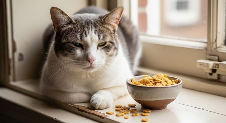 Senior kat op vensterbank met bakje glutenvrije flakes ernaast