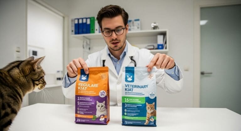 Verschil tussen gewone en veterinaire kattenvoeding bij dierenarts.