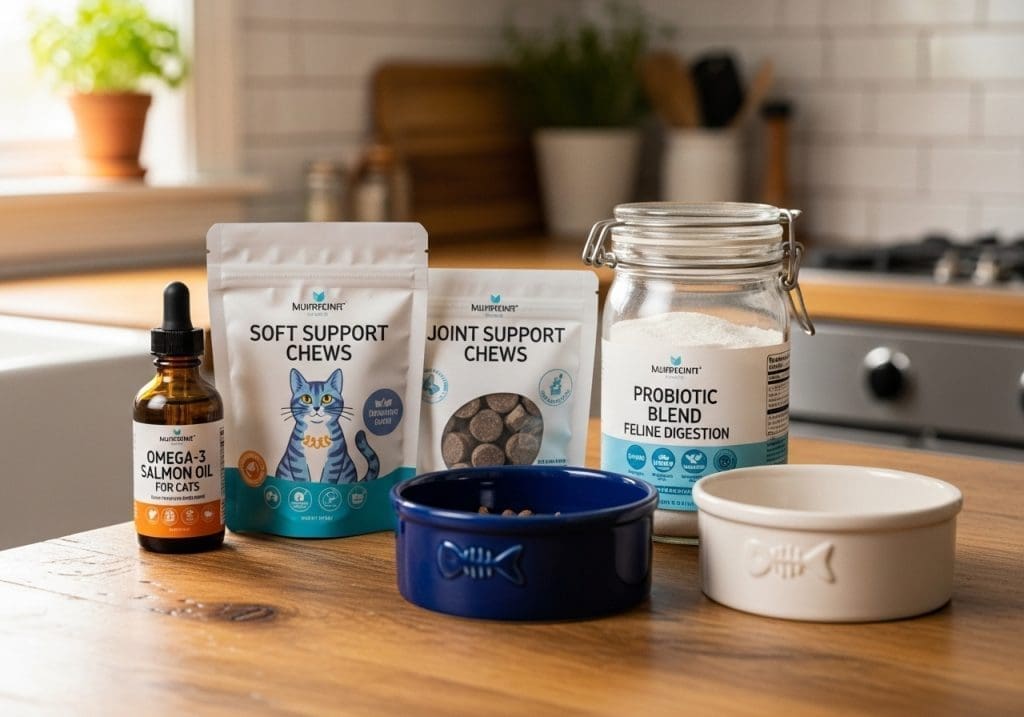Verschillende soorten vachtsupplementen voor katten op het aanrecht