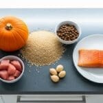 Voerbak met op maat gemaakte dieetvoeding voor honden, omringd door verse ingrediënten.