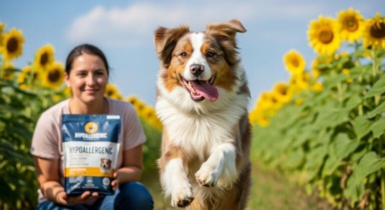 Vrolijke hond rent buiten met glanzende vacht terwijl eigenaar hypoallergene voeding vasthoudt.