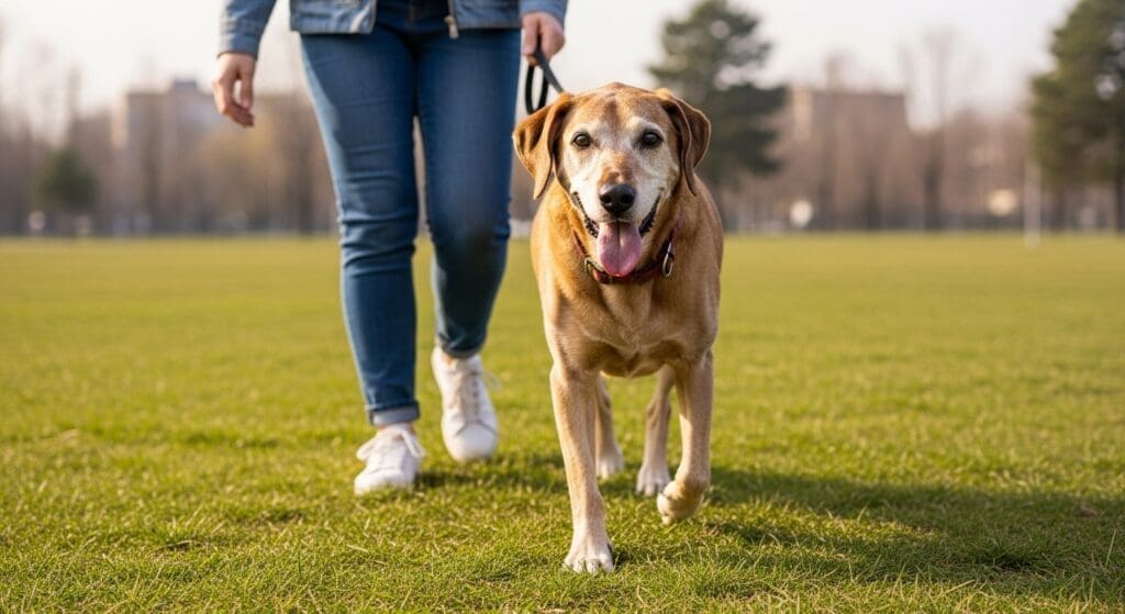 Vrolijke oudere hond wandelt soepel buiten met baasje, na gebruik van Omega 3.