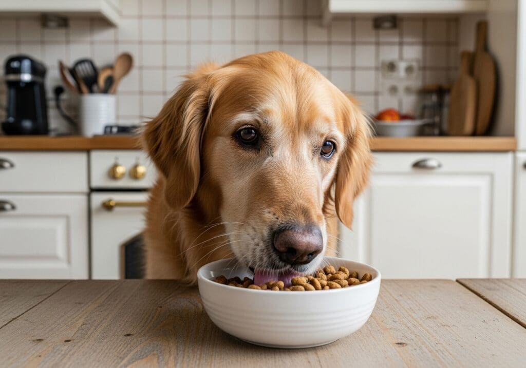 Oudere hond eet speciaal dieetvoer voor gevoelige maag in een Hollandse keuken