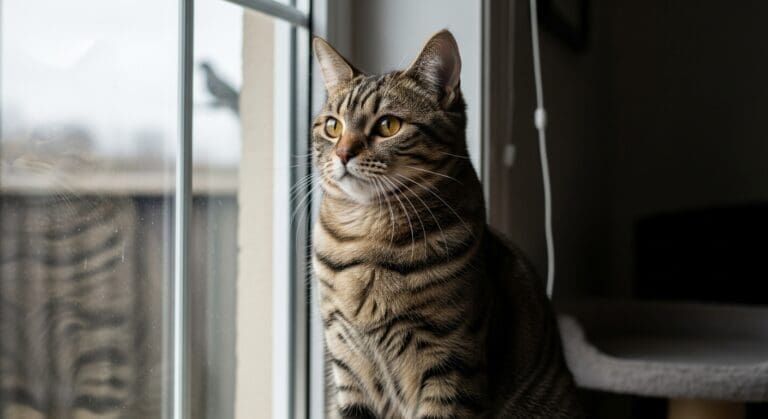 binnenkat naast verpakking van binnenkatten dieetvoer in heldere keuken.