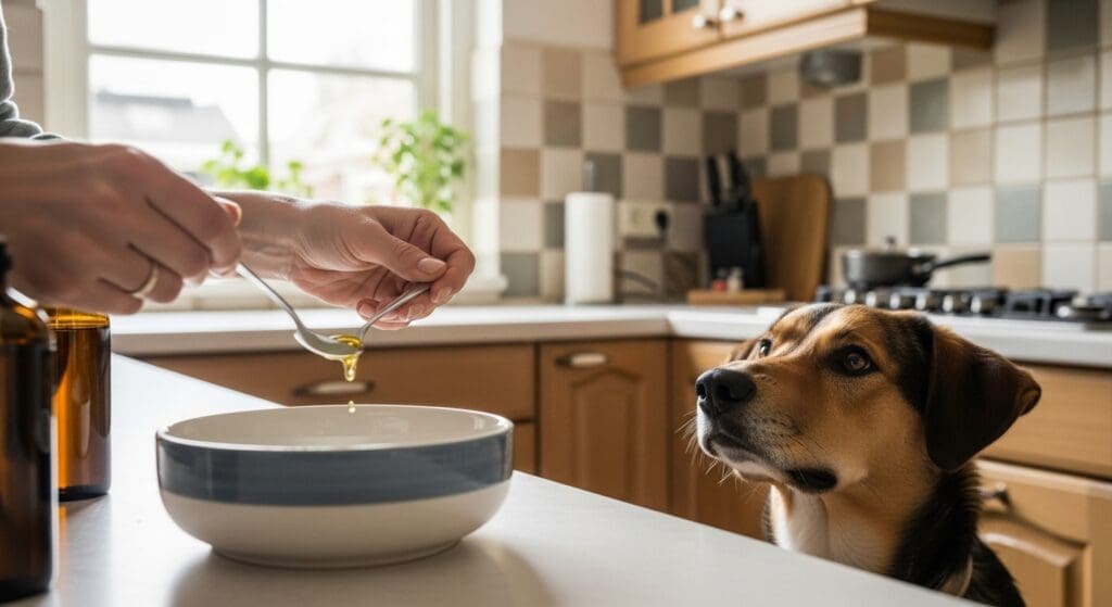 Baasje meet vloeibare visolie af terwijl hond toekijkt bij de voerbak