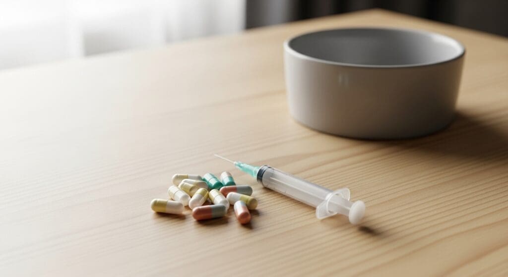 Capsules en doseerspuit naast voerbak om dagelijkse EPA+DHA-hoeveelheid af te meten