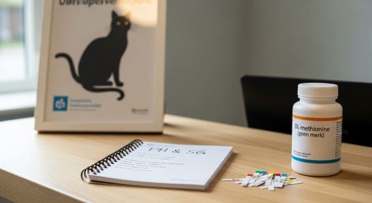 DL-methionine bij katten met blaasgruis: hoe het werkt, wanneer het zinvol is en welke risico’s er zijn (pH/SG uitgelegd), plus dosislogica en praktische checks