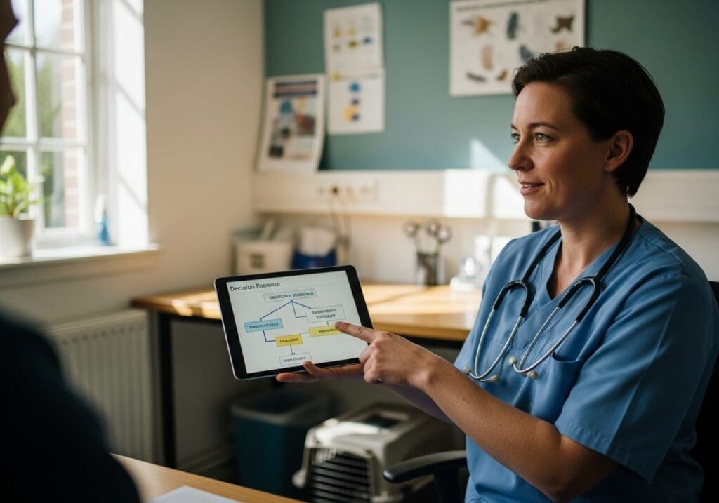 Dierenarts wijst op beslisboom voor gevoelige darmen op tablet