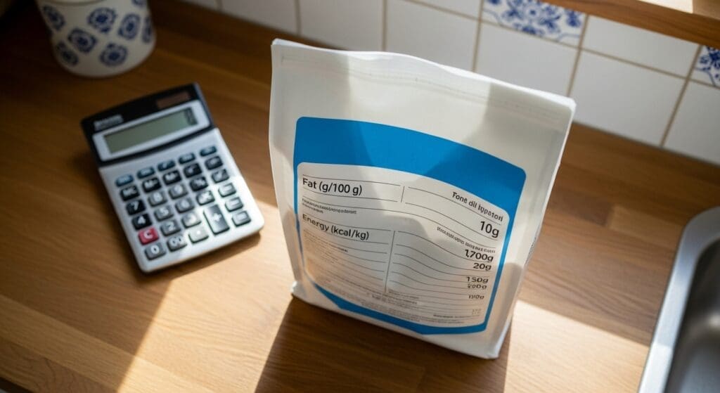 Dog food label showing fat per 100g and kcal/kg with calculator, overhead.