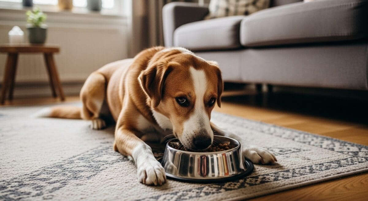 Hond eet rustig graanvrij voer in woonkamer
