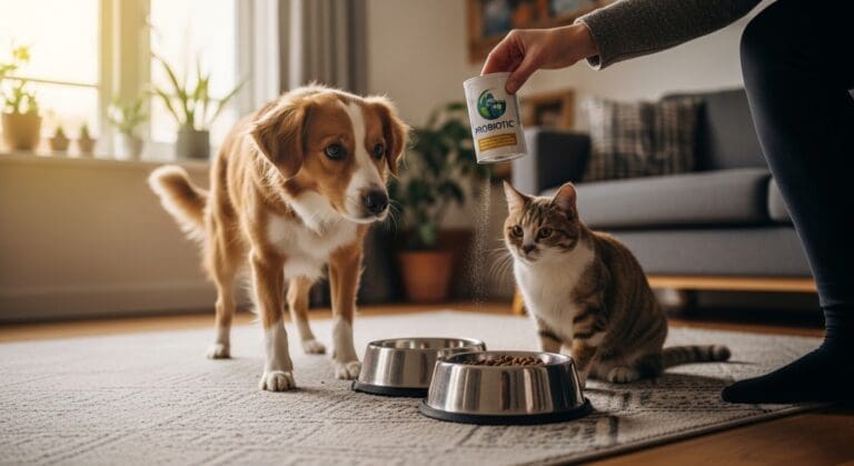 Hond en kat bij voerbak; eigenaar strooit probioticumpoeder over het voer