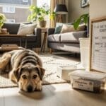 Hond ontspant in woonkamer naast voedingshoek met 7–10-dagen schema