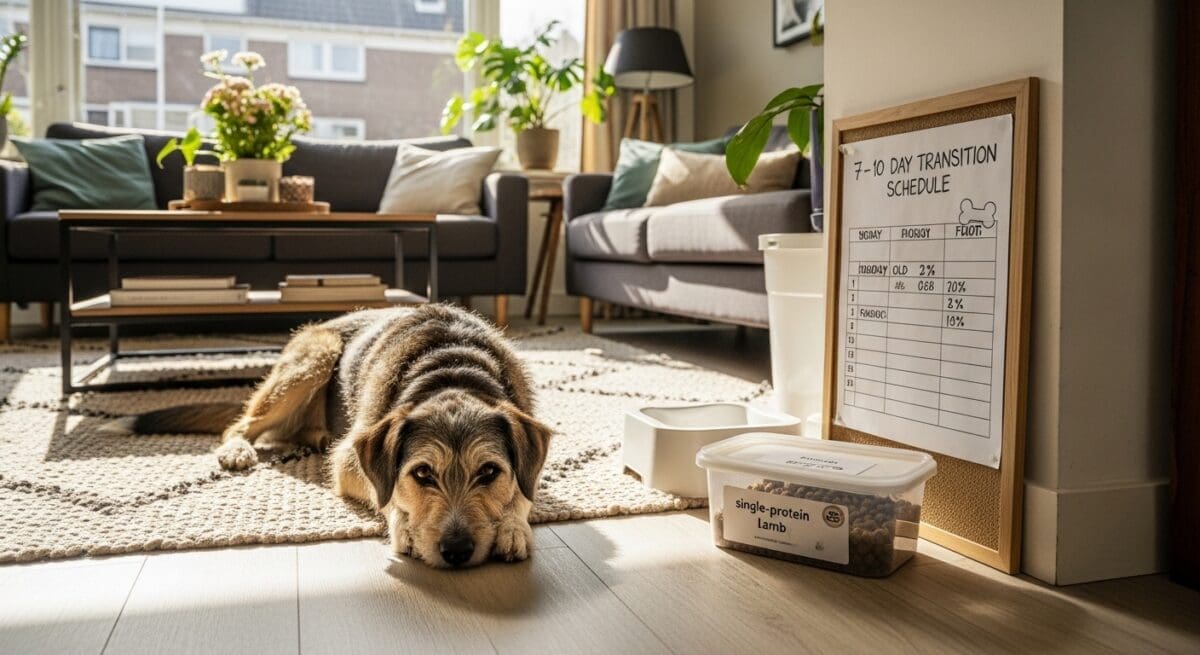 Hond ontspant in woonkamer naast voedingshoek met 7–10-dagen schema
