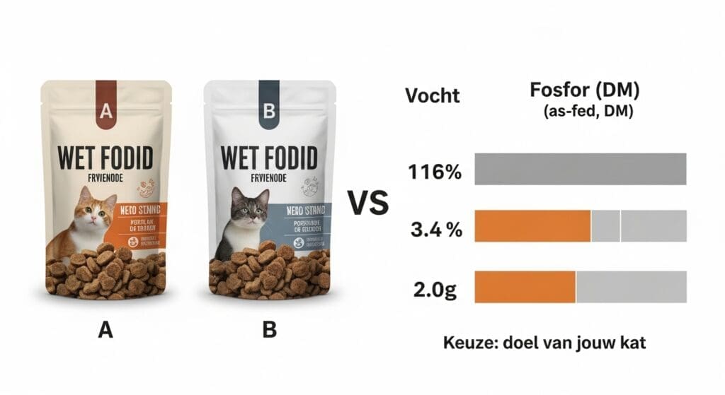 Infografiek die vocht% en fosfor op DM van twee natvoeders vergelijkt