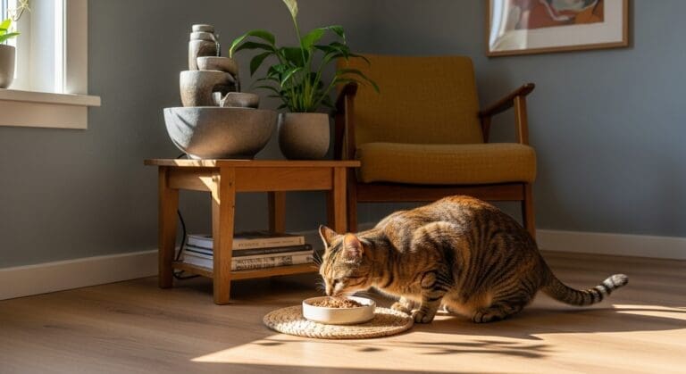 Kat eet natvoer met drinkfontein op de achtergrond in een Nederlandse woonkamer