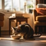 Kat eet rustig uit bakje in Nederlandse woonkamer
