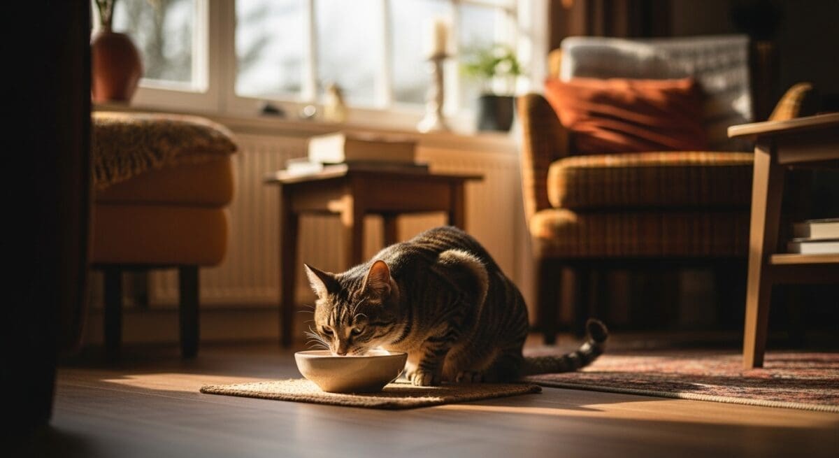 Kat eet rustig uit bakje in Nederlandse woonkamer