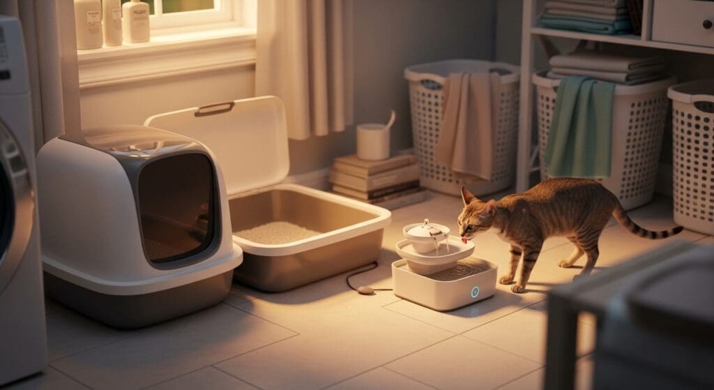 Kat met drinkfontein naast twee kattenbakken in huiselijke hoek