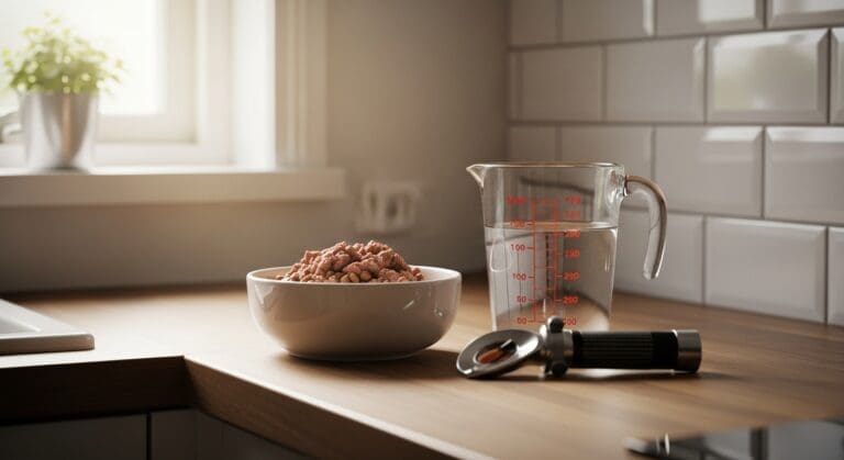 Keukentafel met natvoer, watermaatbeker en refractometer—focus op vocht en fosfor