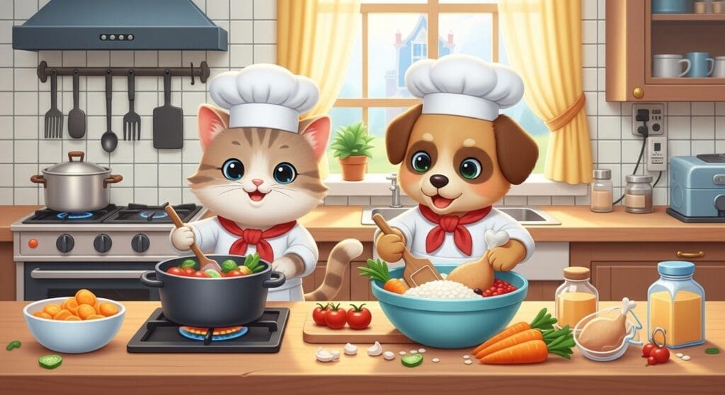 Kok en hond bereiden samen gezond huisgemaakt dierenvoer in de keuken