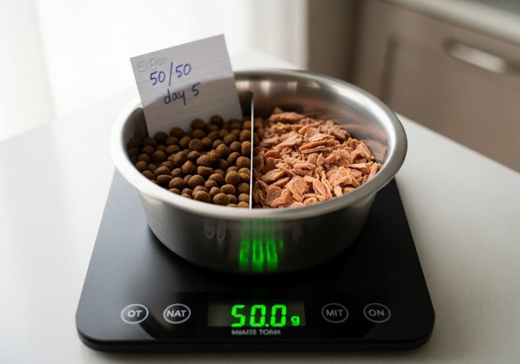 RVS voerbak op keukenweegschaal met notitie “50/50 dag 5”