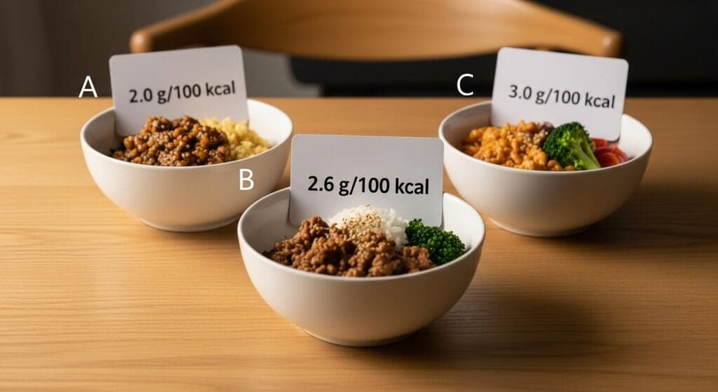 Three bowls labelled with fat per 100 kcal values