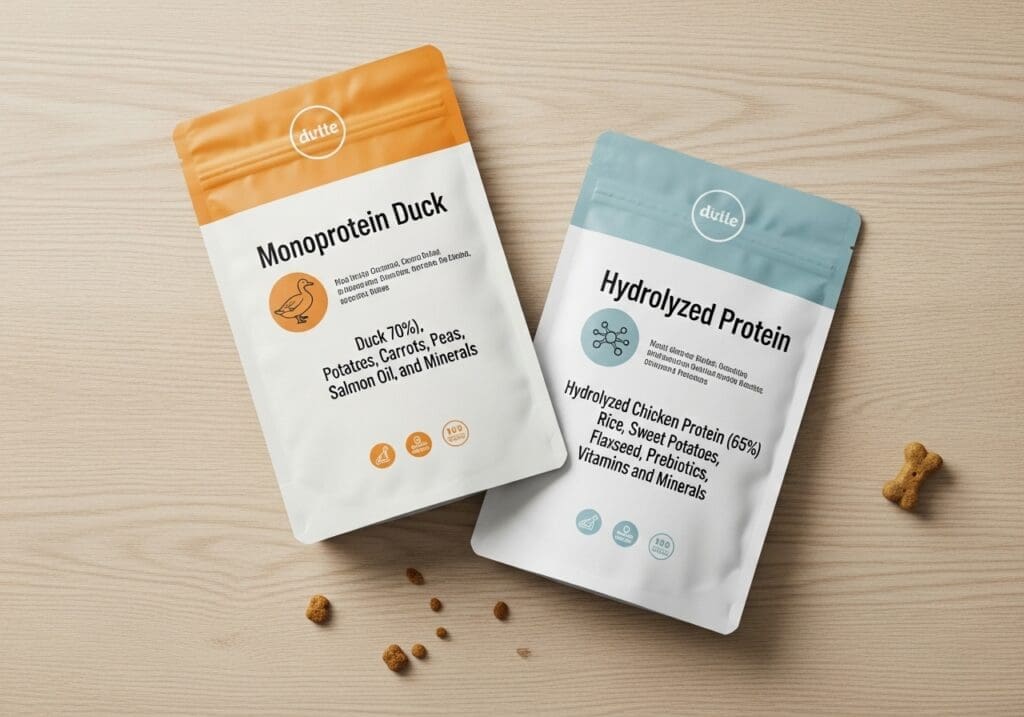 Twee hondenvoerlabels: monoproteïne eend en hydrolysaat naast elkaar op keukentafel