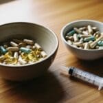 Twee schaaltjes met capsules en doseerspuit naast elkaar op een aanrecht, als visuele verwijzing naar doseren in mg/kg