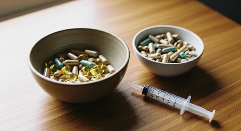 Twee schaaltjes met capsules en doseerspuit naast elkaar op een aanrecht, als visuele verwijzing naar doseren in mg/kg