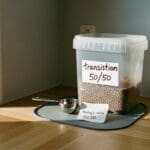 Voerhoek met gelabelde voorraadbak “transition 50/50” en notitie met dagratio