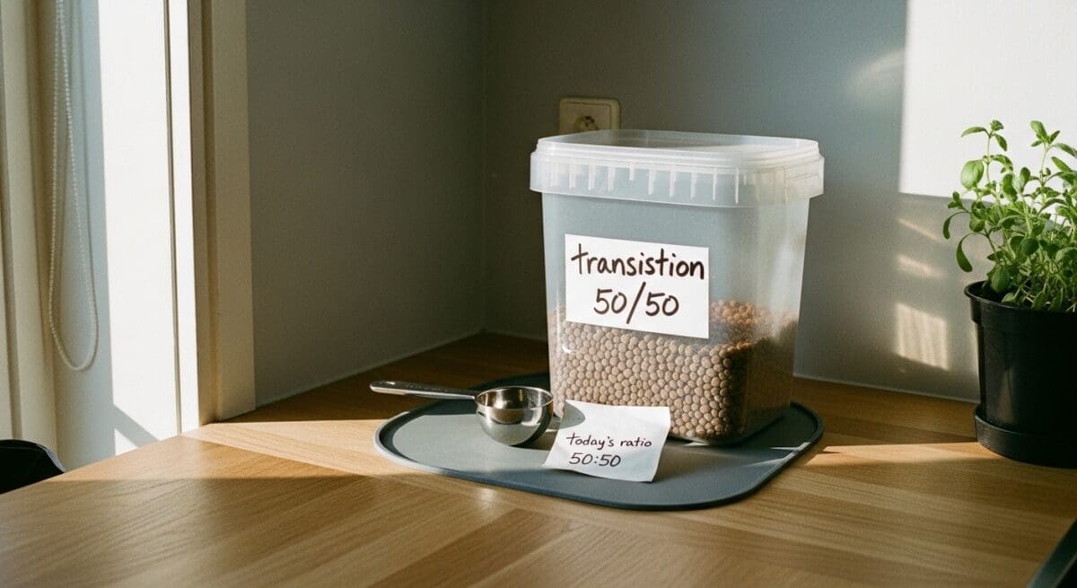 Voerhoek met gelabelde voorraadbak “transition 50/50” en notitie met dagratio