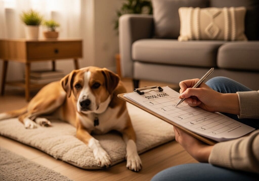 Woonkamer met hond op kleed en eigenaar die een ontlasting-score noteert